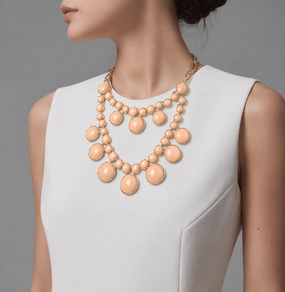 Vintage Talbots Double Strand Bib Necklace Peach Cabochon Gold Tone Statement