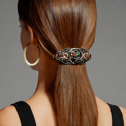 ❤️ Vintage French Black Enamel Rhinestone Hair Barrette with Cabochon Glass Accents