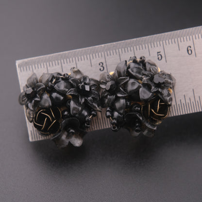 ❤️ Vintage Colleen Toland Black Floral Cluster Clip-On Earrings – Lucite & Enamel
