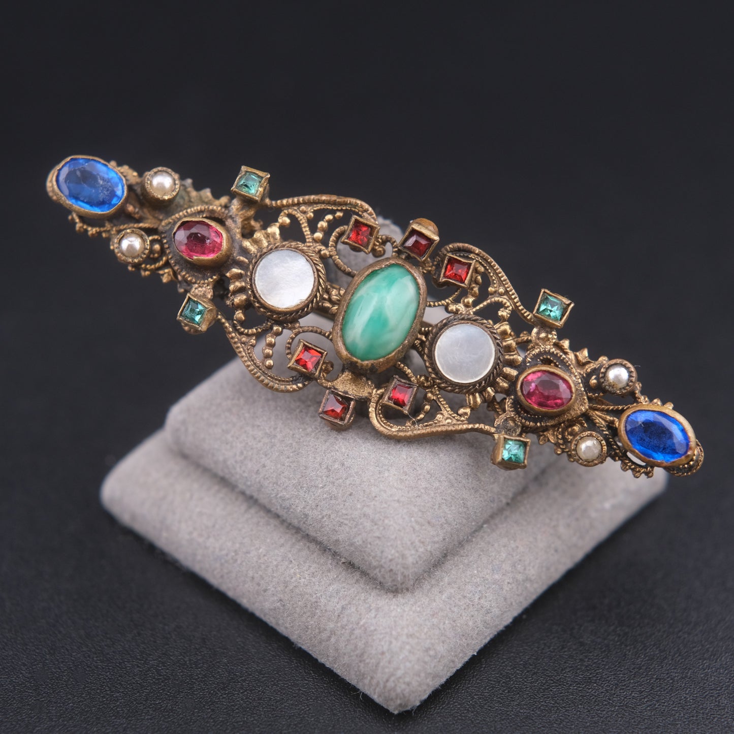 ❤️ Antique Austro-Hungarian Style Bohemian Glass Filigree Bar Brooch