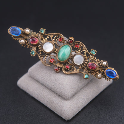 ❤️ Antique Austro-Hungarian Style Bohemian Glass Filigree Bar Brooch