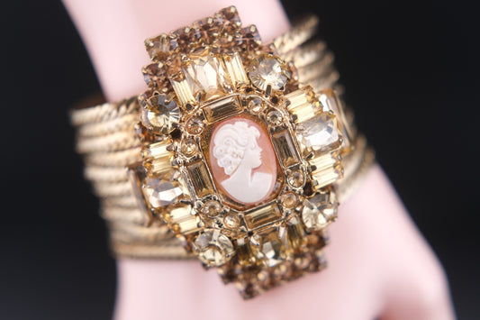Vintage Cameo & Rhinestone Wide Mesh Bracelet – Statement Gold Tone Cuff