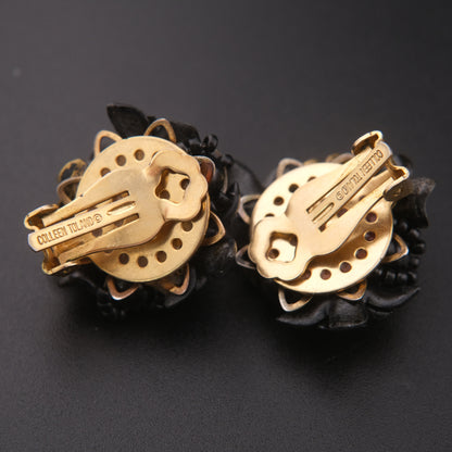 ❤️ Vintage Colleen Toland Black Floral Cluster Clip-On Earrings – Lucite & Enamel