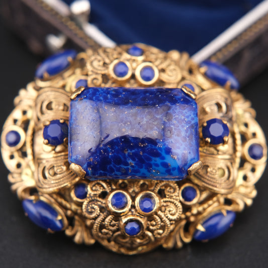 ❤️Vintage Ornate Blue Glass Filigree Brooch / Pendant – West Germany