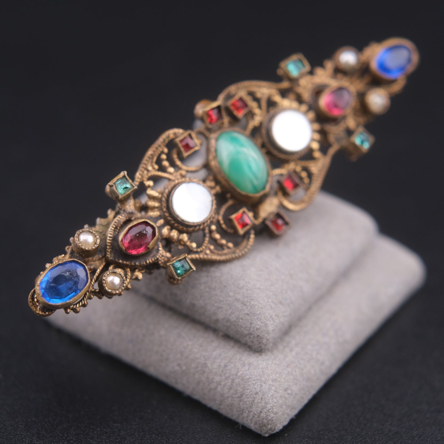 ❤️ Antique Austro-Hungarian Style Bohemian Glass Filigree Bar Brooch
