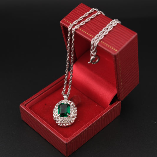 Emerald Green Crystal Pendant Necklace – Vintage Attwood & Sawyer (A&S) Silver Tone