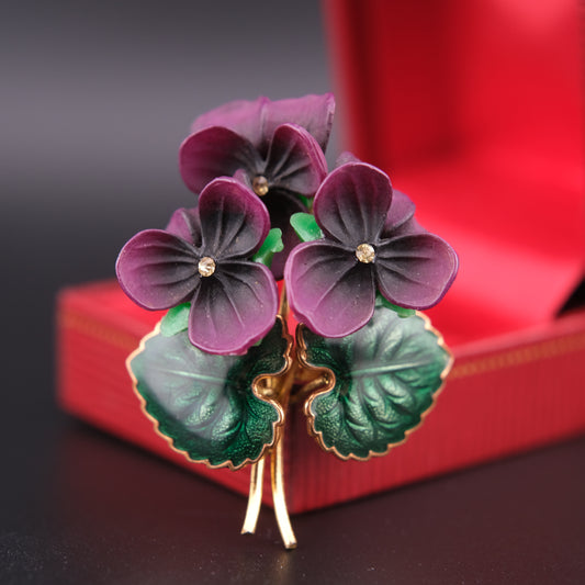 ❤️ Vintage West Germany Violet Flower Brooch – Purple Frosted Petals & Enamel Leaves