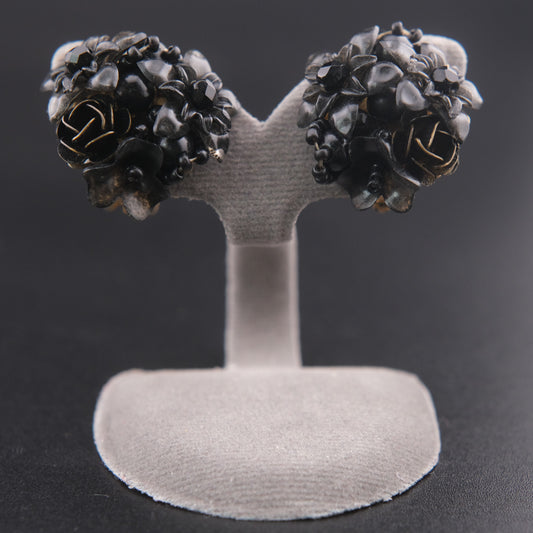 ❤️ Vintage Colleen Toland Black Floral Cluster Clip-On Earrings – Lucite & Enamel