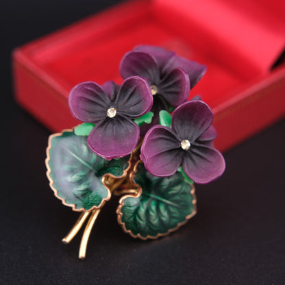 ❤️ Vintage West Germany Violet Flower Brooch – Purple Frosted Petals & Enamel Leaves