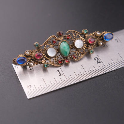 ❤️ Antique Austro-Hungarian Style Bohemian Glass Filigree Bar Brooch