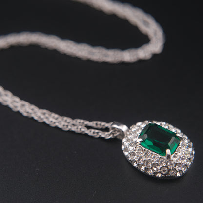 Emerald Green Crystal Pendant Necklace – Vintage Attwood & Sawyer (A&S) Silver Tone