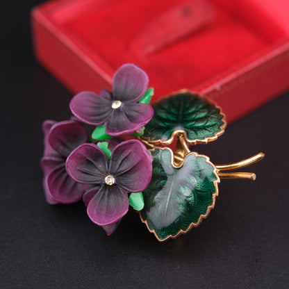 ❤️ Vintage West Germany Violet Flower Brooch – Purple Frosted Petals & Enamel Leaves