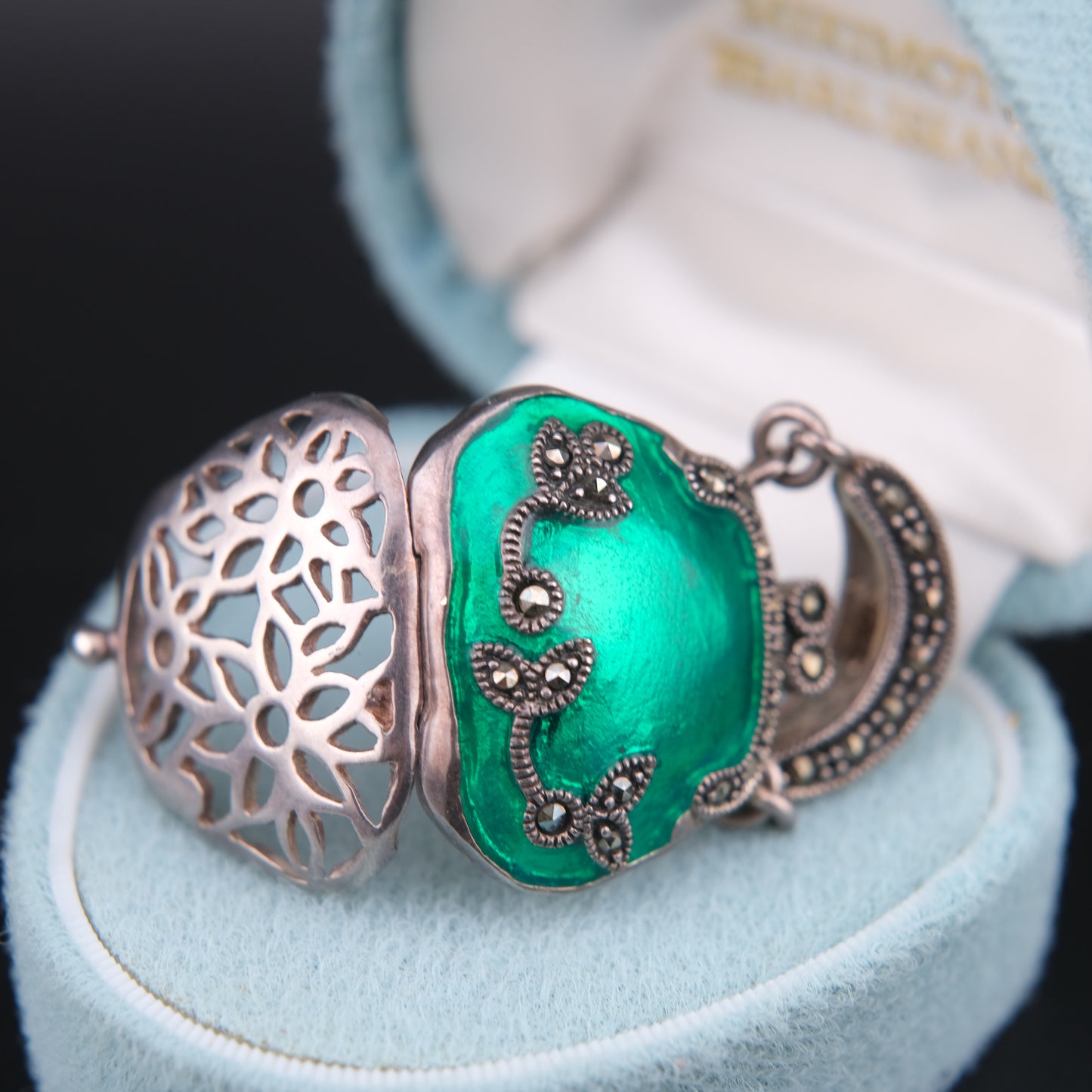 ❤️ Green Enamel Purse Pendant Victorian Style 925 Sterling Silver (Openable)