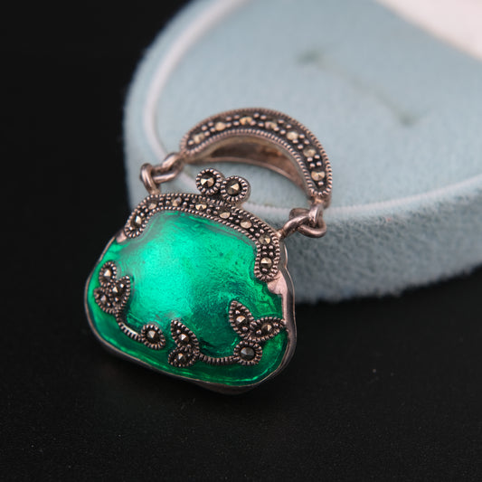 ❤️ Green Enamel Purse Pendant Victorian Style 925 Sterling Silver (Openable)