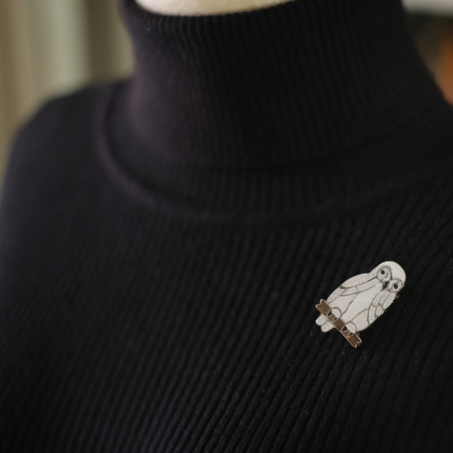 Native American White Pearl Owl Brooch & Pendant – Sterling Silver Cloisonné Enamel