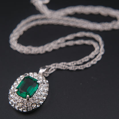 Emerald Green Crystal Pendant Necklace – Vintage Attwood & Sawyer (A&S) Silver Tone