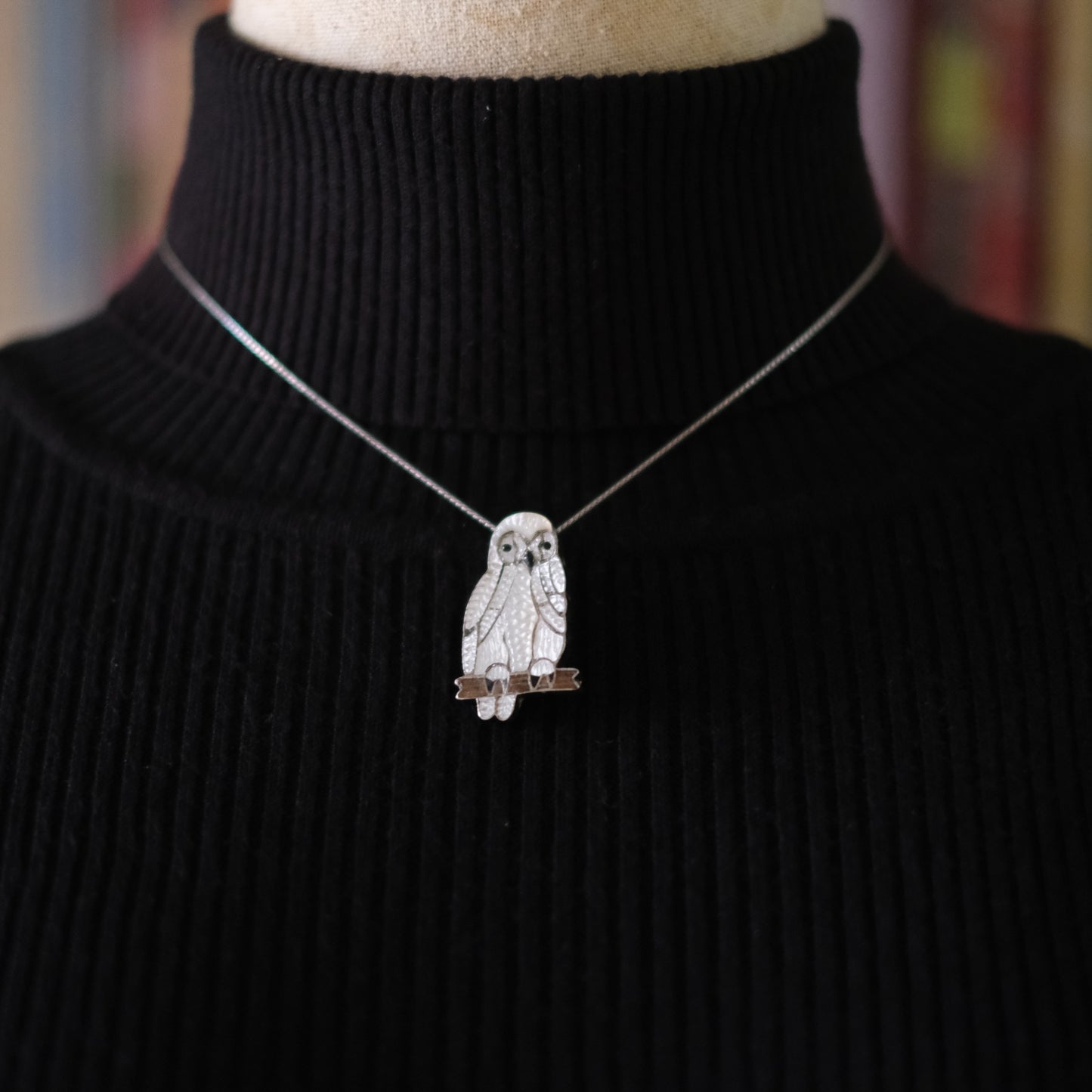 Native American White Pearl Owl Brooch & Pendant – Sterling Silver Cloisonné Enamel