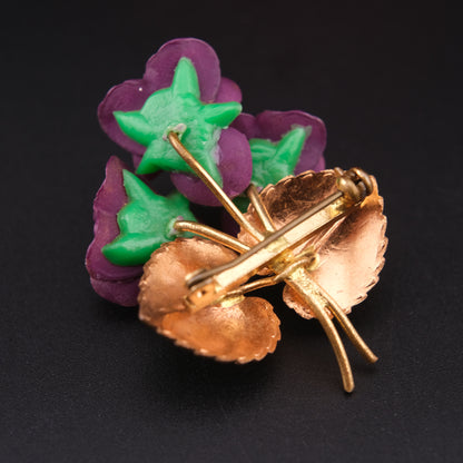 ❤️ Vintage West Germany Violet Flower Brooch – Purple Frosted Petals & Enamel Leaves
