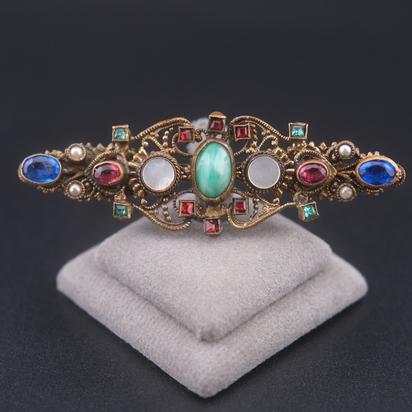 ❤️ Antique Austro-Hungarian Style Bohemian Glass Filigree Bar Brooch