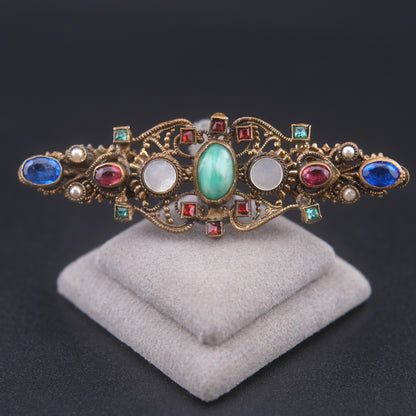 ❤️ Antique Austro-Hungarian Style Bohemian Glass Filigree Bar Brooch