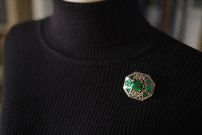 Rare Vintage Miracle Brooch – Medieval Dragon & Celtic Design with Green Glass