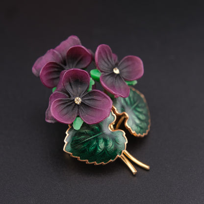 ❤️ Vintage West Germany Violet Flower Brooch – Purple Frosted Petals & Enamel Leaves