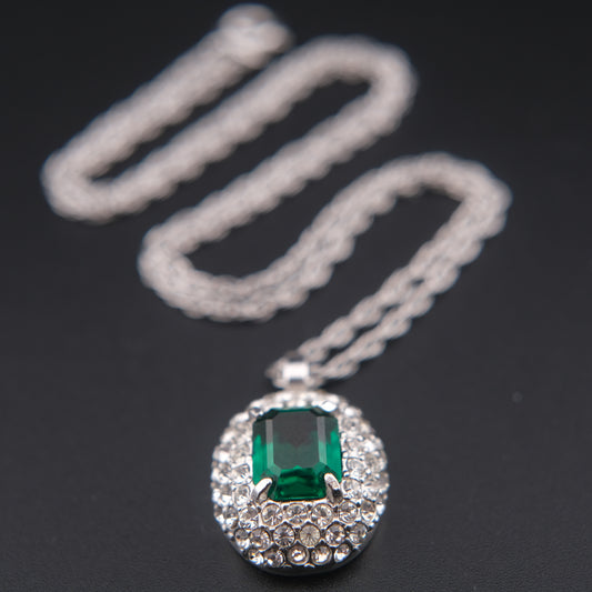 Emerald Green Crystal Pendant Necklace – Vintage Attwood & Sawyer (A&S) Silver Tone