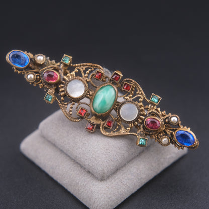 ❤️ Antique Austro-Hungarian Style Bohemian Glass Filigree Bar Brooch