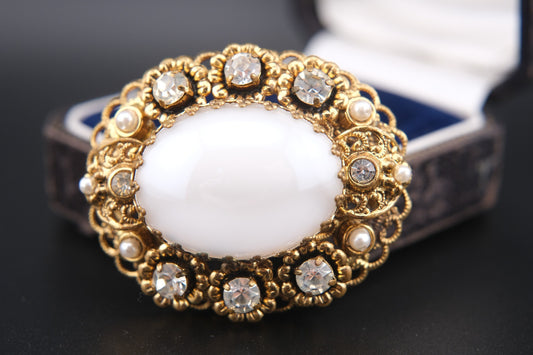 🤍 Vintage West Germany White Cabochon Filigree Brooch with Faux Pearls & Rhinestones