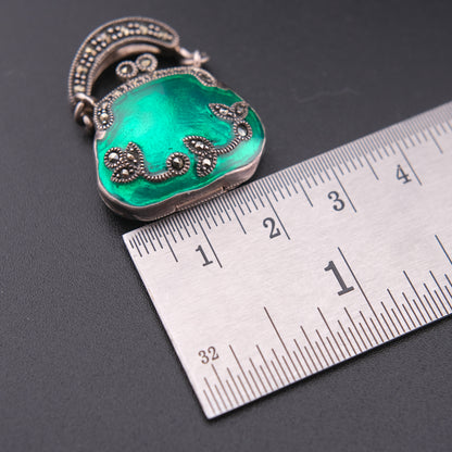 ❤️ Green Enamel Purse Pendant Victorian Style 925 Sterling Silver (Openable)