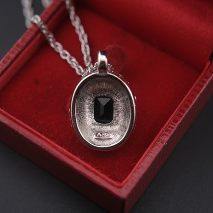 Emerald Green Crystal Pendant Necklace – Vintage Attwood & Sawyer (A&S) Silver Tone