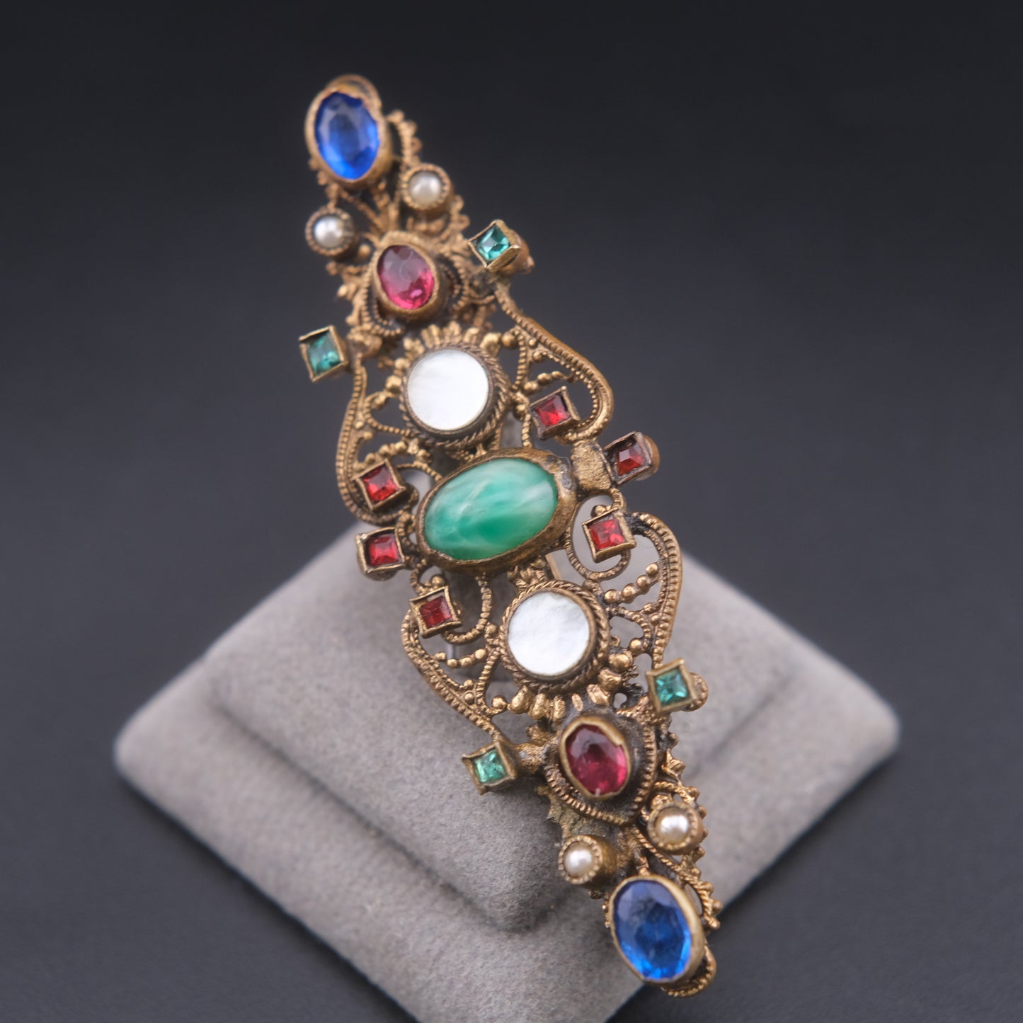 ❤️ Antique Austro-Hungarian Style Bohemian Glass Filigree Bar Brooch