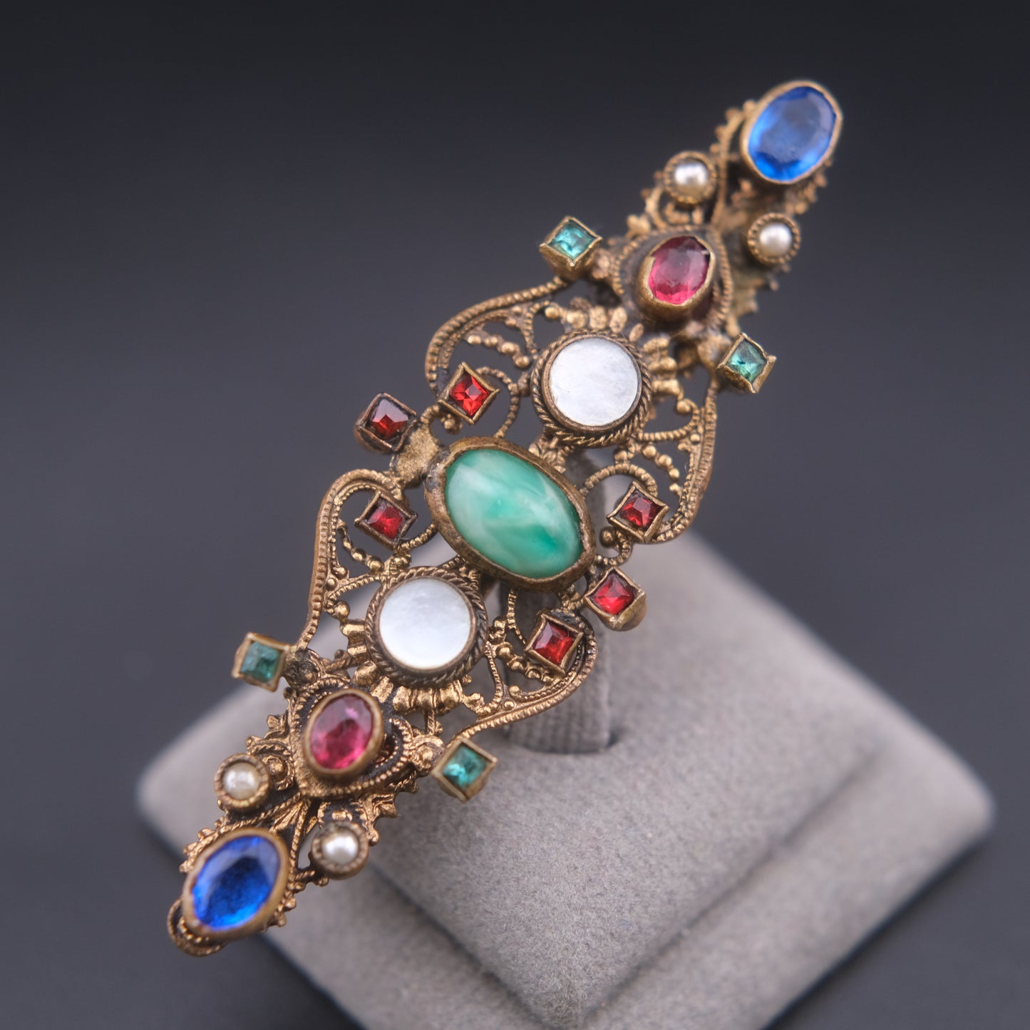 ❤️ Antique Austro-Hungarian Style Bohemian Glass Filigree Bar Brooch