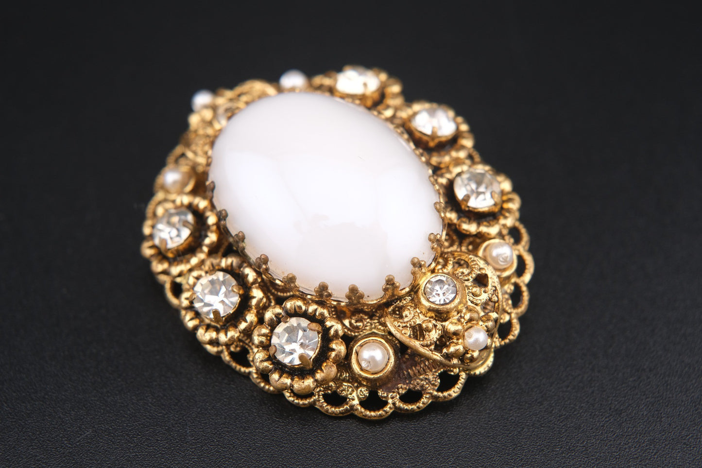 🤍 Vintage West Germany White Cabochon Filigree Brooch with Faux Pearls & Rhinestones