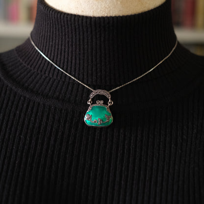 ❤️ Green Enamel Purse Pendant Victorian Style 925 Sterling Silver (Openable)
