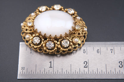 🤍 Vintage West Germany White Cabochon Filigree Brooch with Faux Pearls & Rhinestones