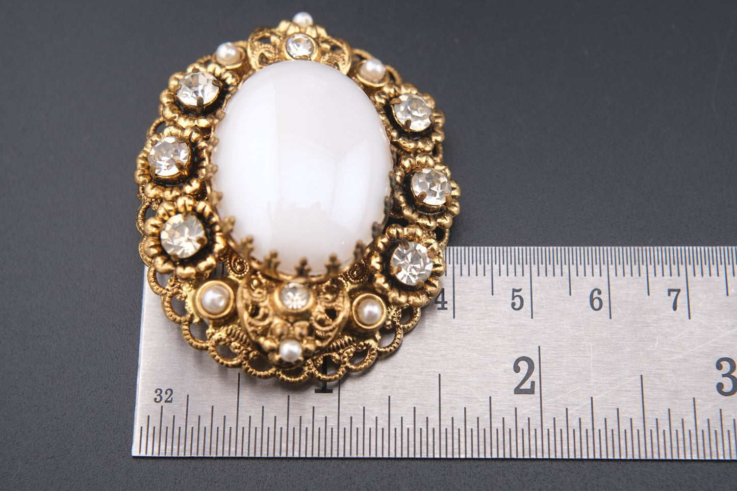 🤍 Vintage West Germany White Cabochon Filigree Brooch with Faux Pearls & Rhinestones