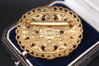 🤍 Vintage West Germany White Cabochon Filigree Brooch with Faux Pearls & Rhinestones
