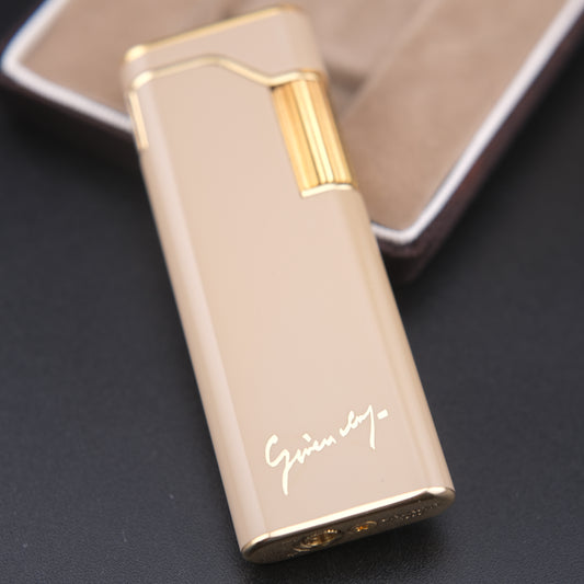 Vintage Givenchy 7000 Butane Lighter – Beige Enamel & Gold-Tone Trim with Signature Case