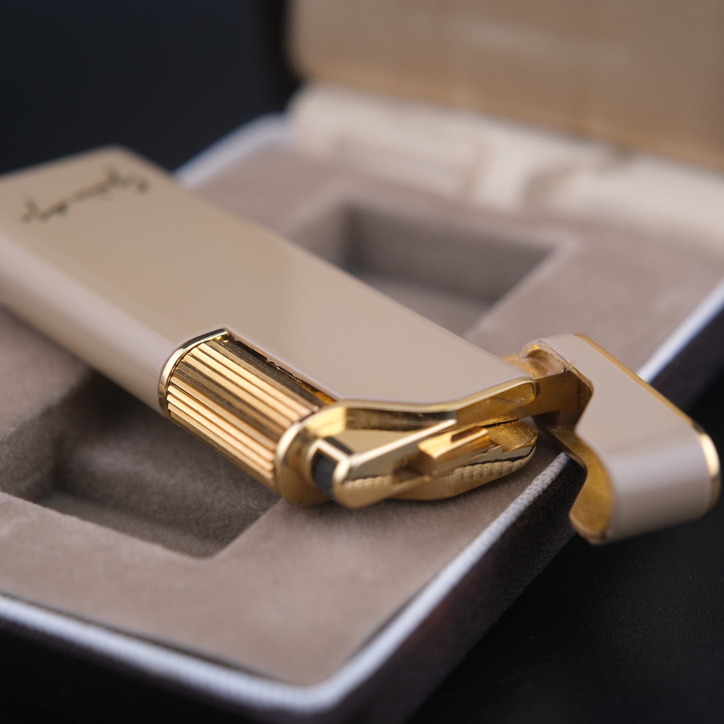 Vintage Givenchy 7000 Butane Lighter – Beige Enamel & Gold-Tone Trim with Signature Case