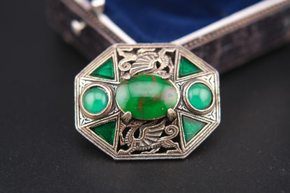 Rare Vintage Miracle Brooch – Medieval Dragon & Celtic Design with Green Glass
