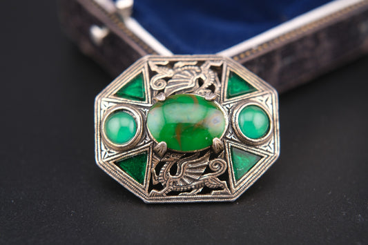 Rare Vintage Miracle Brooch – Medieval Dragon & Celtic Design with Green Glass