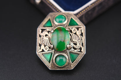Rare Vintage Miracle Brooch – Medieval Dragon & Celtic Design with Green Glass
