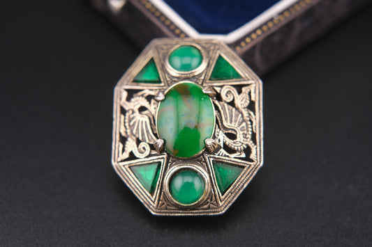 Rare Vintage Miracle Brooch – Medieval Dragon & Celtic Design with Green Glass
