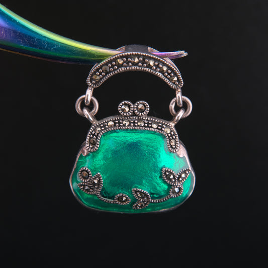 ❤️ Green Enamel Purse Pendant Victorian Style 925 Sterling Silver (Openable)