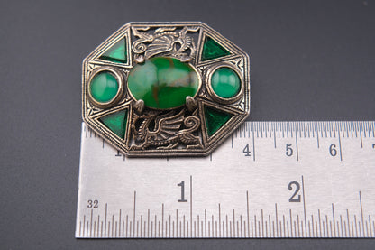 Rare Vintage Miracle Brooch – Medieval Dragon & Celtic Design with Green Glass