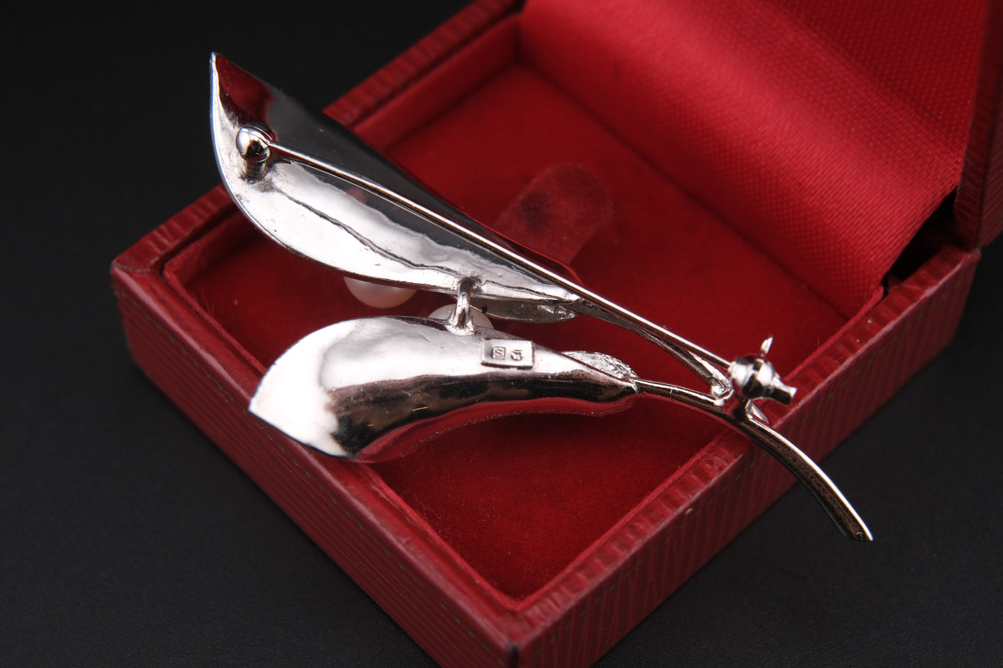 Vintage Mikimoto Sterling Silver Calla Lily Brooch with Cultured Akoya