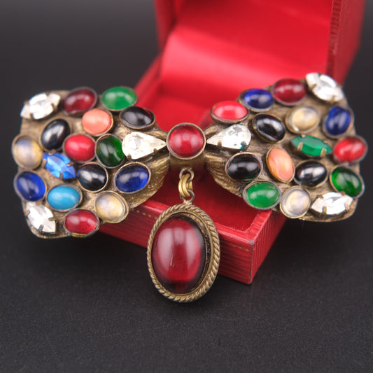 Vintage Multicolor Cabochon Bow Brooch with Dangling Red Glass Stone – Whimsical Statement Jewelry