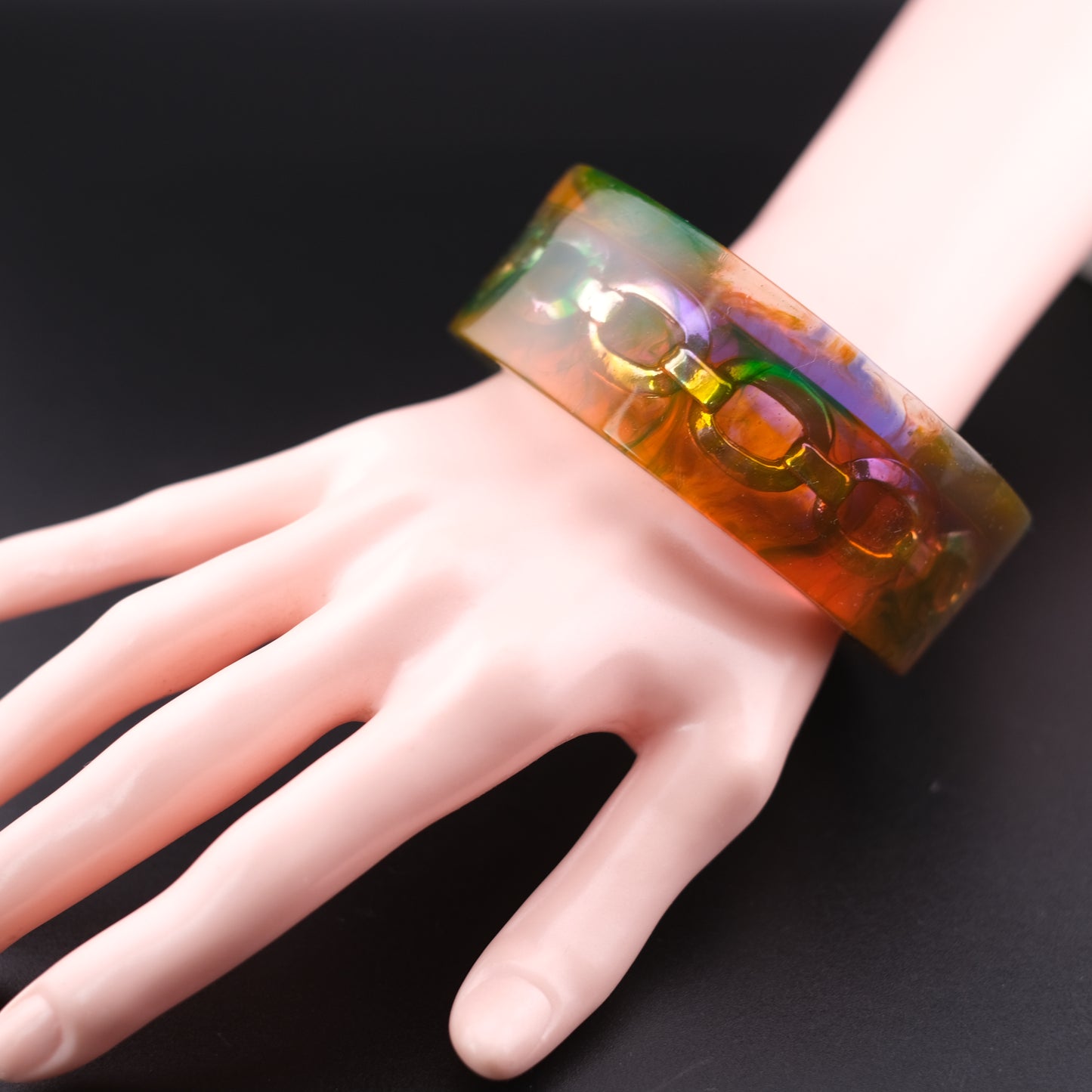 ❤️ Christian Lacroix Acrylic Chain Bangle Bracelet – Green Orange Lucite, Chunky Sculptural 1990s