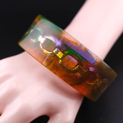 ❤️ Christian Lacroix Acrylic Chain Bangle Bracelet – Green Orange Lucite, Chunky Sculptural 1990s